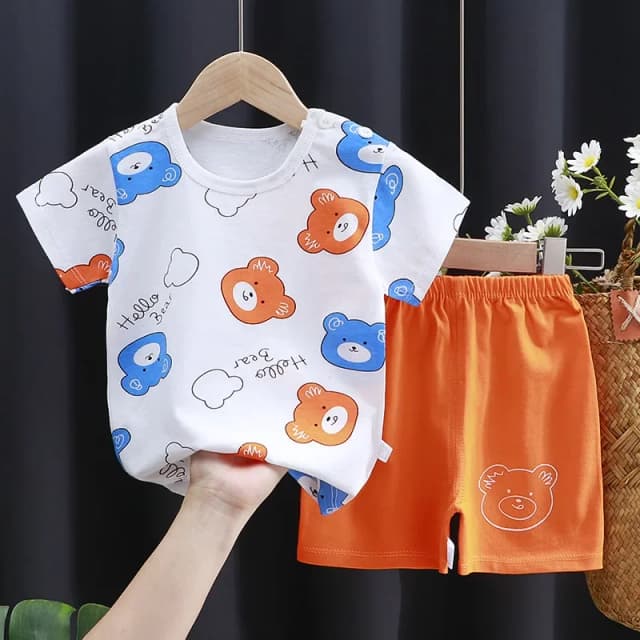 Cartoon bedrukte kleding Puur katoen Huiskleding 2-delige pakken Peutermode Leuke casual trainingspakken Contrast T-shirt + shorts