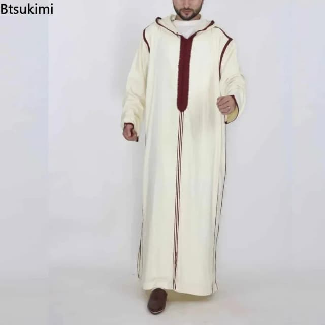 2025 Mannen Moslim Thobe Midden-Oosten Jubba Thobe Lange Mouwen Islamitische Gewaad Mannen Moslim Jurk Saudi Arabische Capuchon thobe Abaya Mannelijke