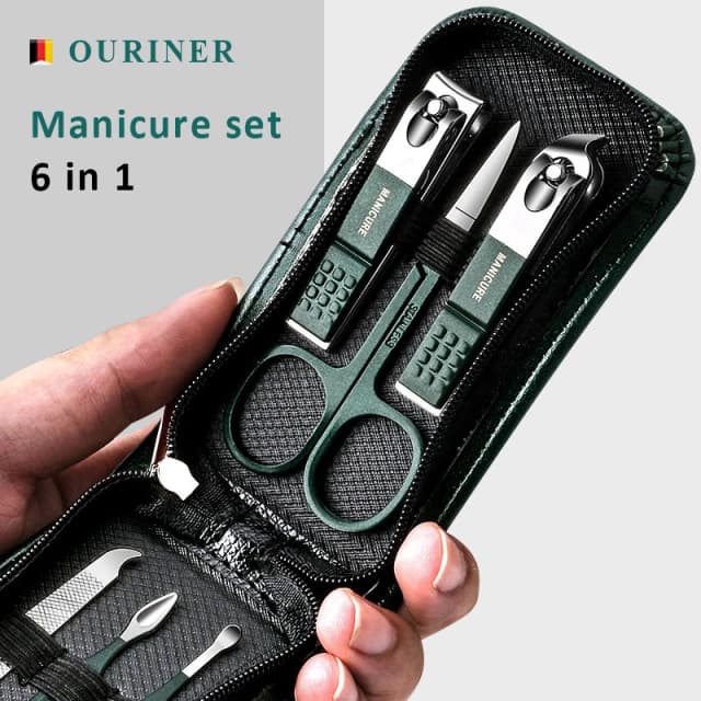 Duitsland 6-delige draagbare luxe manicuresets Pedicuresets Heldere zwarte nagelknipperset Persoonlijke verzorgingshulpmiddelen Wenkbrauwschaar