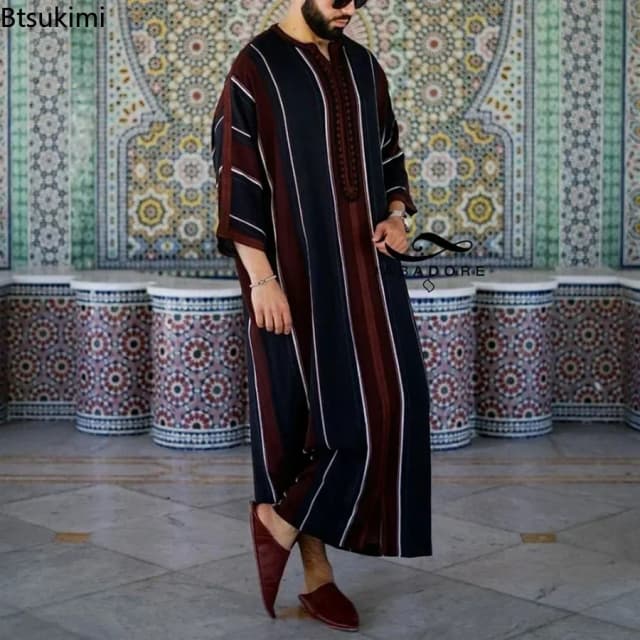 Nieuwe 2025 Moslim Mannen Abaya Arabische Islamitische Kleding Losse Shirt Gewaad Jubba Thobe Etnische Print Saudi Arabische Midden-oosten Mannelijke Vestidos