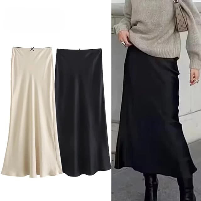 Asds Zwarte Satijnen Rok Vrouw Strik Elegante Lange Rokken Voor Vrouwen 2024 Zomer Hoge Taille Midi Rok Mode Nieuw In Damesrokken