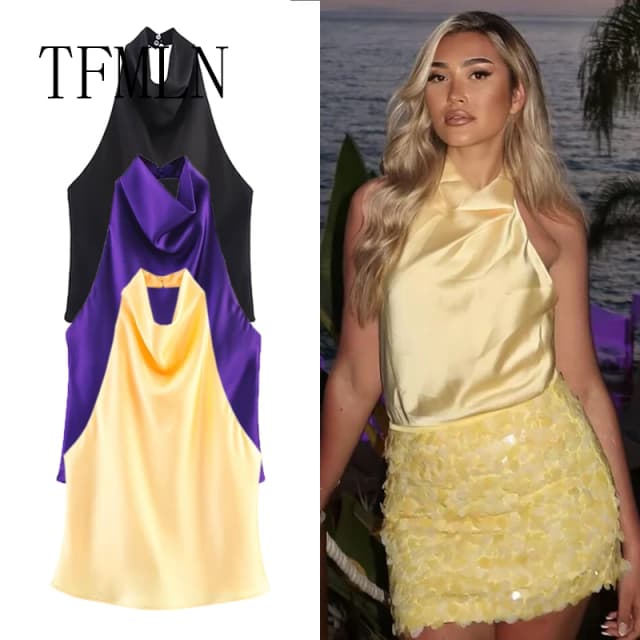 TFMLN 2025 Vrouwen Sexy Halter Top Lente Zomer Sexy Backless High Street Vest Vrouwelijke Mode Effen Elegante Halter Hals Tops