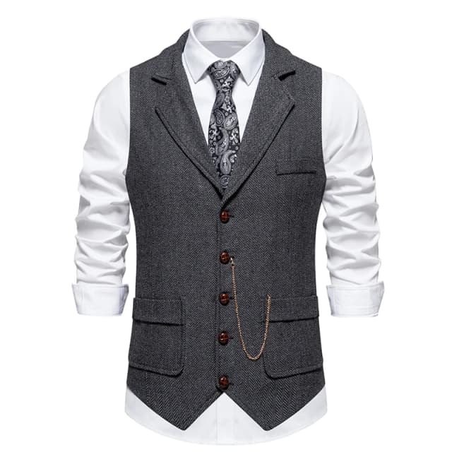Heren retro reversketting vest mode visgraat grof tweed zakken pak vest Brits casual vintage heren vrijetijdsfeest
