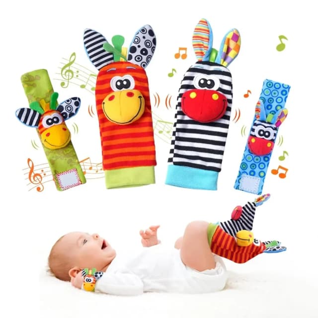 4 Stuks Babyrammelaars Speelgoed Dierensokken Polsband + Rammelaar Baby Voetsokken Bug Polsband Peuter Sokken Fopspeen Speelgoed 0-12 Maanden