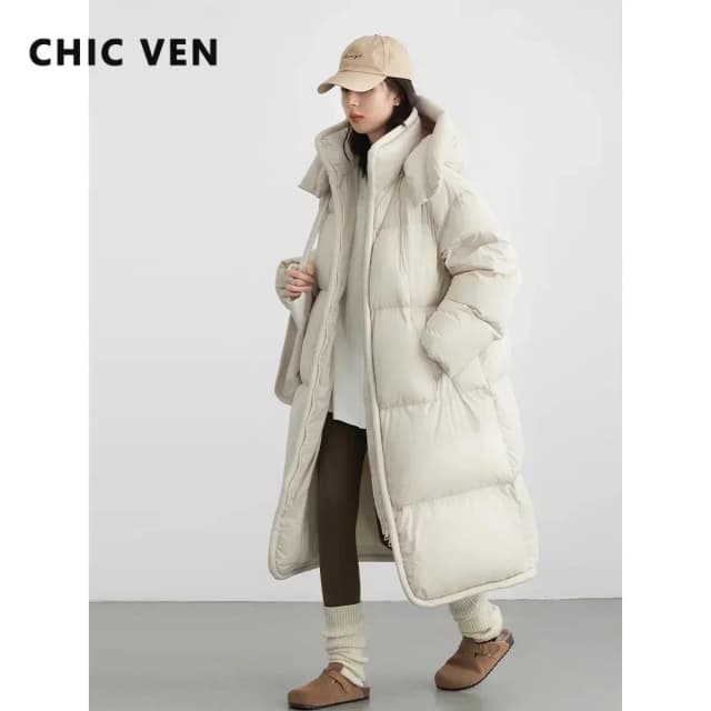 CHIC VEN Vrouwen Lange Down Jassen Verslaafd Losse Nieuwe Solid Vrouw Donsjack Dikke Zachte Warme Vrouwelijke Overjas Herfst Winter 2025