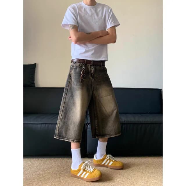 Amerikaanse Retro Cropped Heren Wijde Pijpen Jeans Y 2K Gothic Gewassen Losse, Casual Joggingbroek Voor Heren