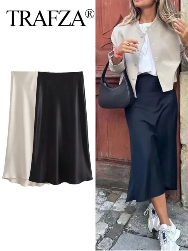 TRAFZA Vrouwen Elegante Effen Satijnen Lange Rok Chique Y2K Hoge Taille Slanke Rokken Vrouwelijke Mode Zijde Textuur Dames Strakke Midi Rok