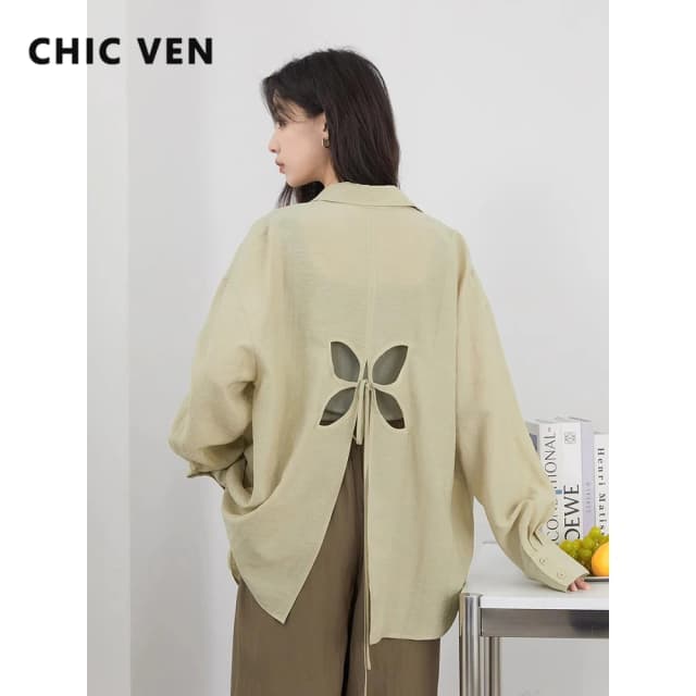 CHIC VEN Vrouwen Shirts met lange mouwen Solid Loose Casual Nieuwe Stijl Ontwerp Terug Hollow Out Shirt Vrouwelijke Blouse Lente Zomer 2025