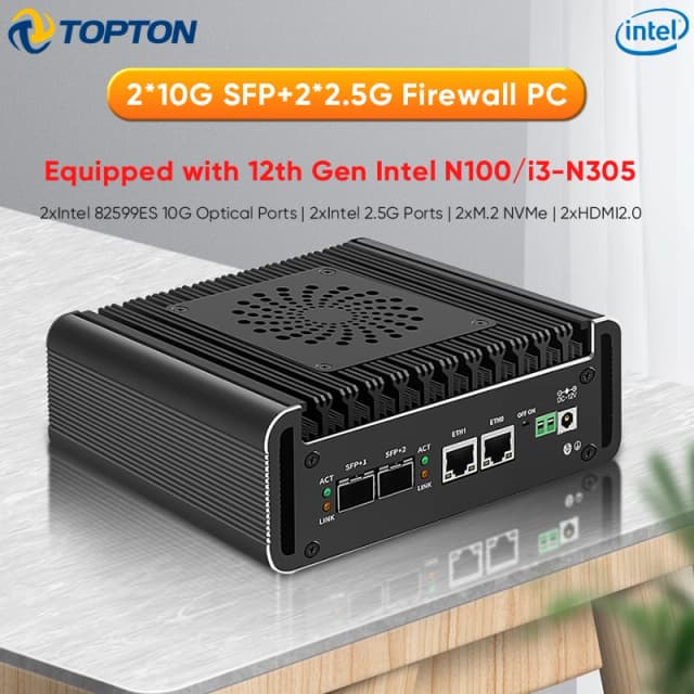 Topton Solid Firewall Apparaat 2x10G SFP+ Intel i3 N355 N305 N150 N100 2xi226-V 2.5G Mini PC 2xNVMe DDR5 pfSense Proxmox ESXi