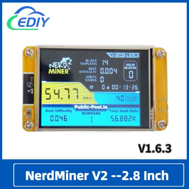 NerdMiner V2 Hashrate, Smart Display, Crypto Solo, Loterij, Nerd Miner, Bitcoin Miner ESP32-2432S028R, 49k/S, 2,8 inch