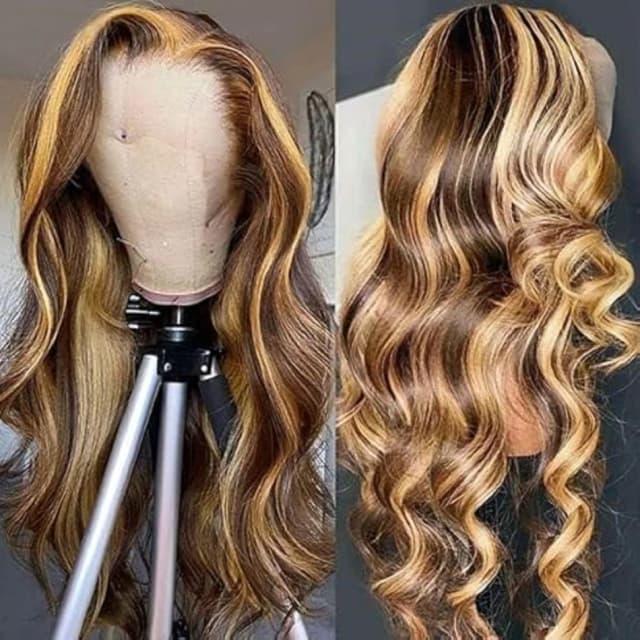 Sixqueen 13x4 Ombre Highlight Lace Front pruiken van echt haar met babyhaar, 180 density, 4/27 honingblonde body wave frontale pruiken van echt haar, 26 inch
