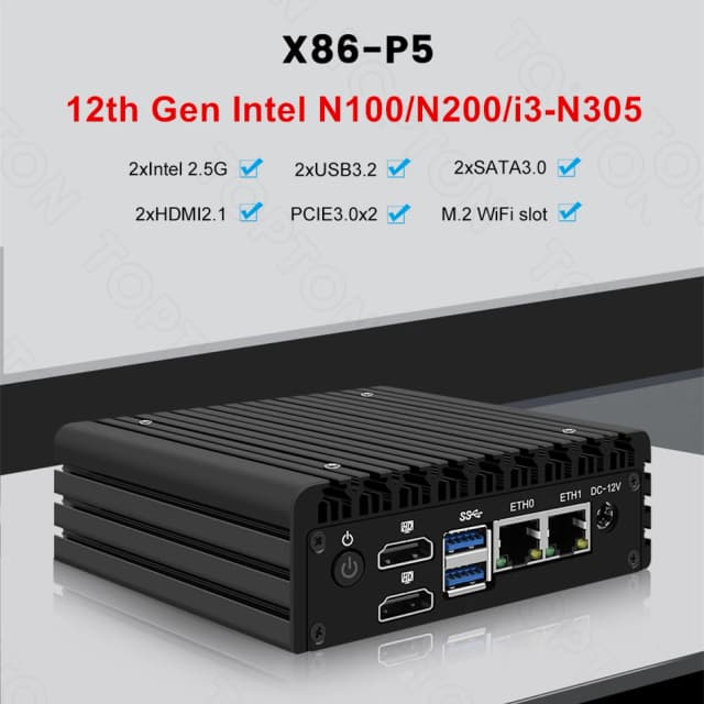 Topton P5 12e generatie micro-firewallcomputer Intel i3 N355 N305 N150 N100 DDR5 2xi226-V 2.5G LAN Fanless Mini PC Proxmox Server