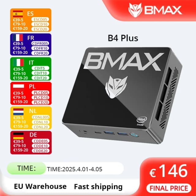 BMAX B4 Plus Mini PC Windows 11 PC Intel N100 16GB DDR4 512GB SSD 2*HDMI 1*Type-C Ondersteunt 4K@60Hz 750MHz Intel UHD Graphics