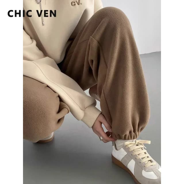 CHIC VEN Damesbroek Los Casual Nieuwe Hoge Taille Fleece Broek Dikke Pluche Warme Vrouwelijke Sportbroek Herfst Winter 2023