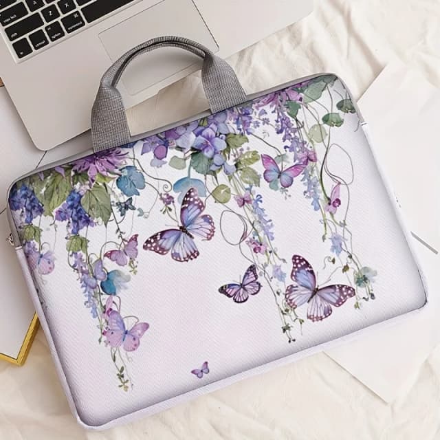 Eendelige set, twee stijlen, laptoptas en aktetas met paars vlinderpatroon, geschikt voor 14-inch laptops