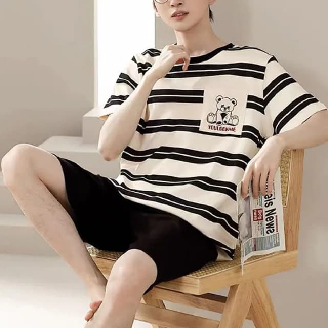 2-delige set nachtkleding heren groot formaat jeugdpyjama gestreepte beer huiskleding heren nachtkleding loungewear comfort ademend casual