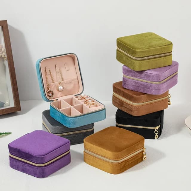 Fluwelen Sieradendoos Voor Vrouwen Ketting Ring Oorbellen Organizer Houder Reizen Draagbare Rits Vierkante Sieraden Opbergdoos