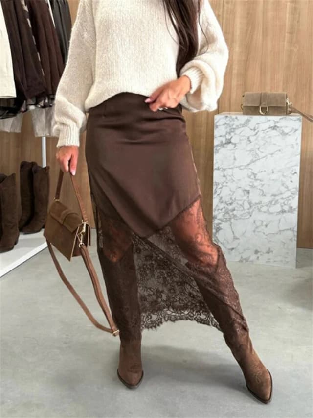 Trendix Vrouwen Patchwork Kanten Rokken 2025, Nieuwe Hoge Taille Slanke Holle Maxi Rokken Herfst Bruin Fashion Party Club Boho Rok
