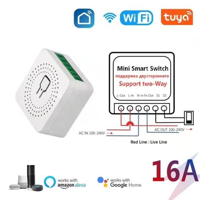 16A Tuya WiFi Smart Switch Module 2-wegbediening Mini Switch Breaker Smart Life Work met Alexa Google Alice