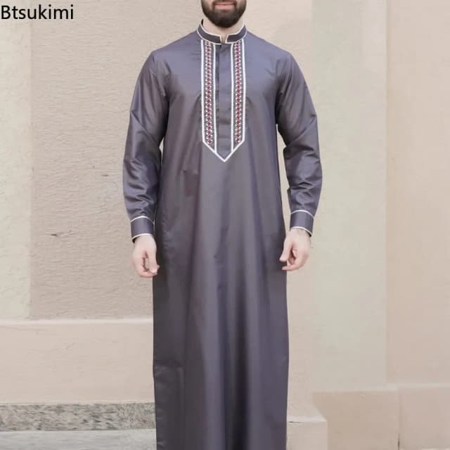 Mid-Oosten Islamitische Mannen Kleding Moslim Mode Abaya Mannen Geborduurde Losse Stand Kraag Lange Gewaad Etnische Stijl 2025 Man Jubba Thobe