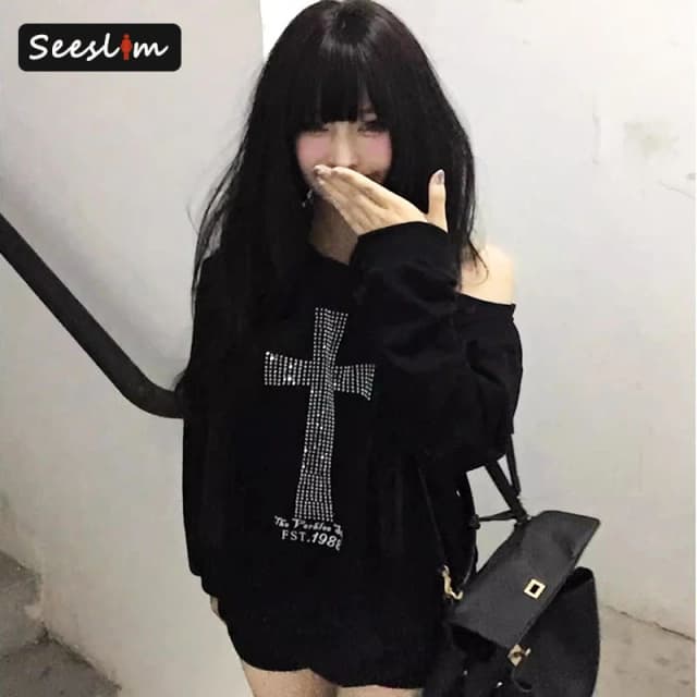Seeslim Cross One-schouder Grafische Hoodies Lange Mouw Zwarte vrouwen Sweatshirts Harajuku Grunge 2000s Kleding Y2k Herfst tops